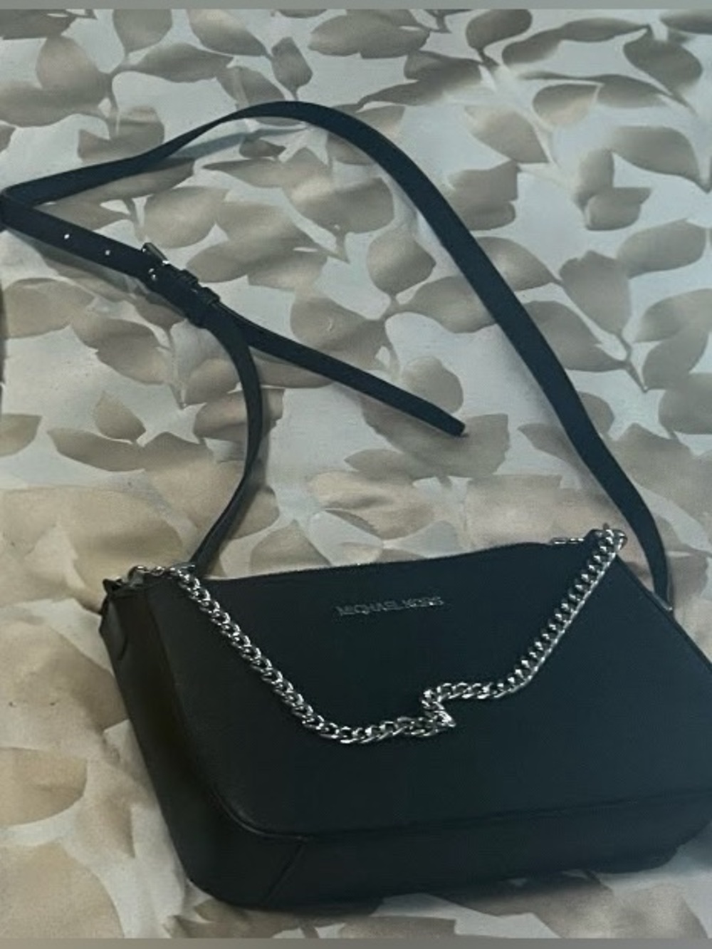 Michael Kors Black Leather Crossbody with Silver Chain